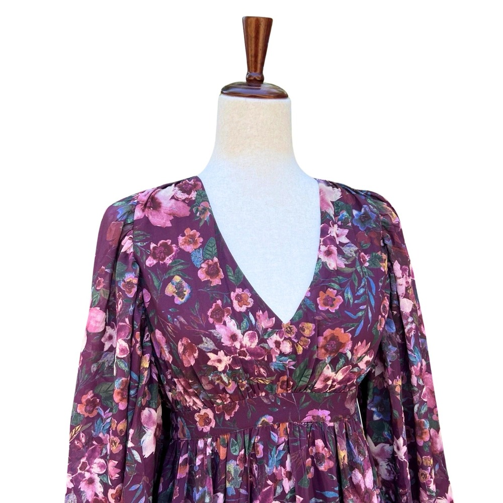 Aura Maxi Dress Colorful Floral XS V-Neck Empire Waist Balloon Sleeve Prairie - Picture 6 of 13